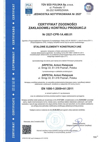 Certyfikat Zgodności Zakładowej Kontroli Produkcji: EN 1090-1:2009+A1:2011