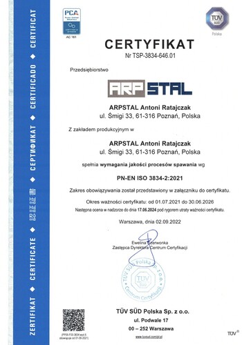 Certyfikat spawalniczy: PN-EN ISO 3834-2:2021