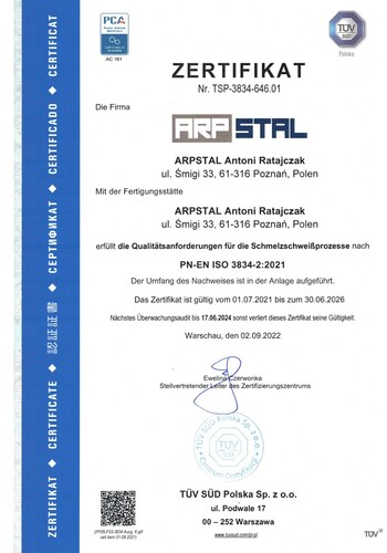Schweißen Zertifikat: PN-EN ISO 3834-2:2021